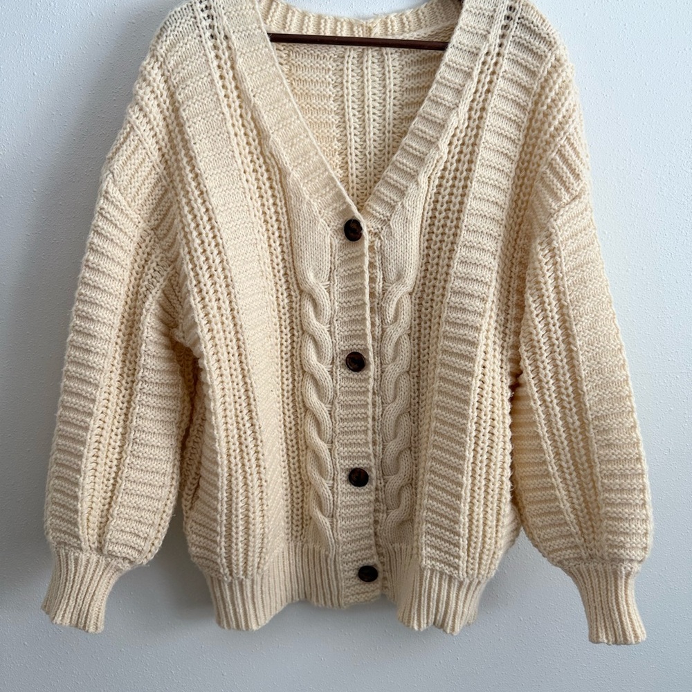 Chunky Cable Knit Cardigan Cream Oversized Fisherman Grandpa Sweater - Picture 6 of 15